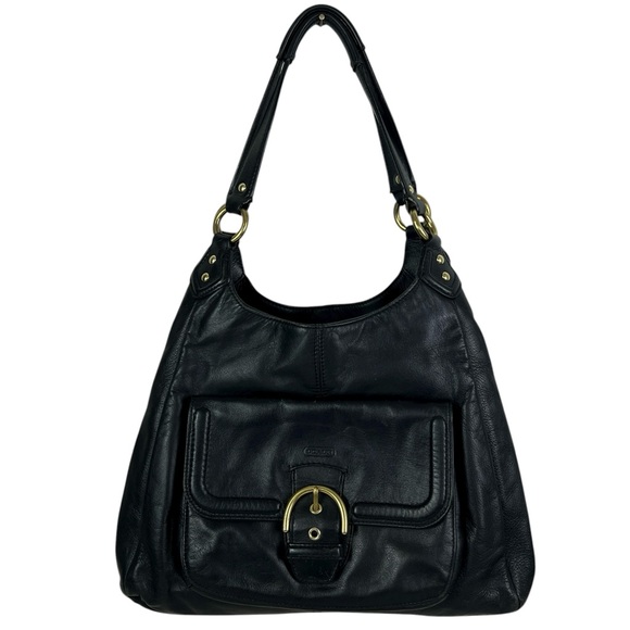 COACH Black Leather Soho Campbell Hobo Shoulder Bag Brass Hardware Buckle Front - Picture 2 of 13